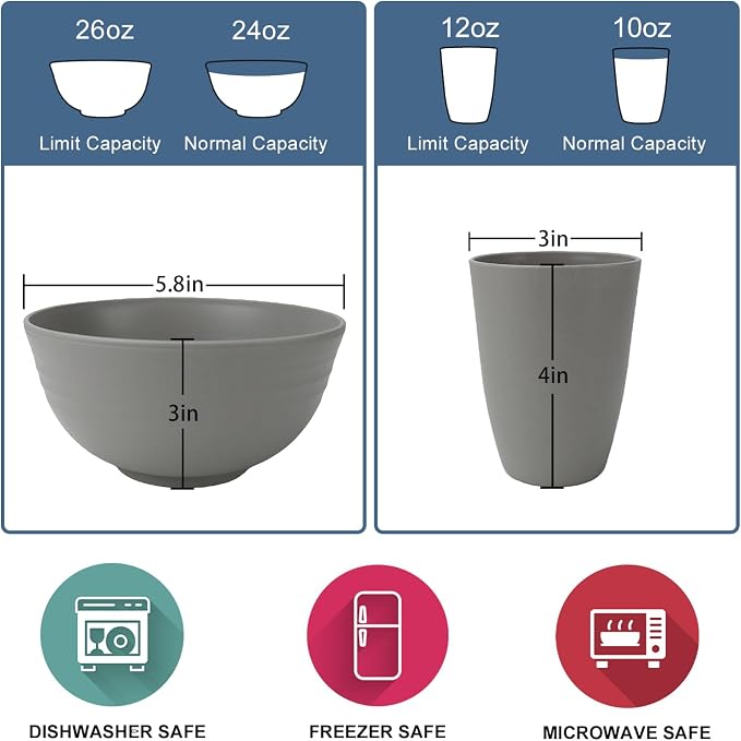 Wrova 40Pack plates and bowls sets for kitchen - Unbreakable wheat straw dinnerware sets service for 8 - Alternative plastic 40pcs dish sets for picnic,camping and R.V. - (Grey)