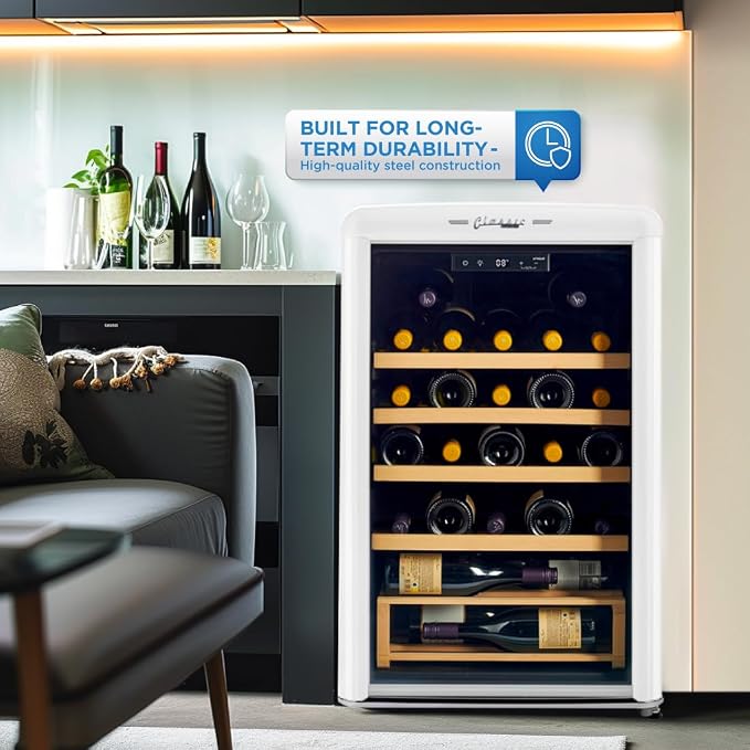 Unique Appliances Classic Retro Electric Wine Cooler, 28-Bottle Wine Fridge with Adjustable Wooden Shelves and Intuitive Digital Control Panel, Single Zone, 21", Marshmallow White