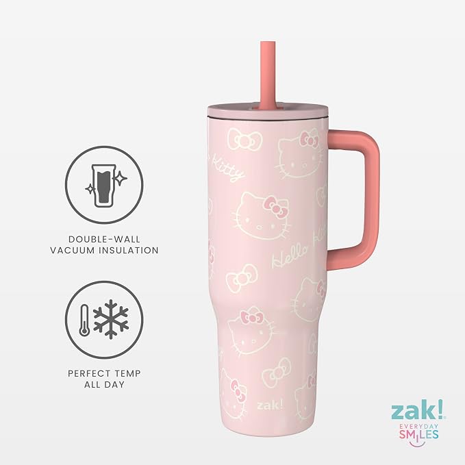 Zak Designs Sanrio Sutton Travel Tumbler for On the Go, 30oz Stainless Steel with Vacuum Insulation, Silicone Straw, and Carry Handle for Cold Drinks (Hello Kitty)