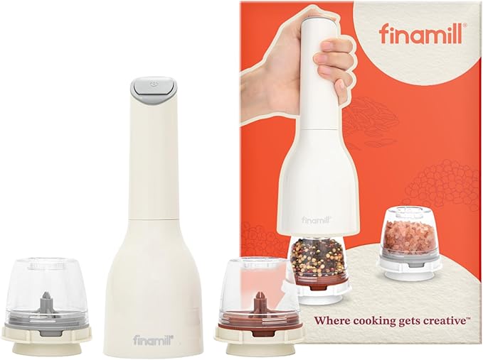 FinaMill Classic Battery Spice Mill – Battery Operated Salt and Pepper Grinder Set, Includes 2 Interchangeable Spice Pods, Adjustable Coarseness, Ceramic Grinder, LED Light, Home and Kitchen Gift Set
