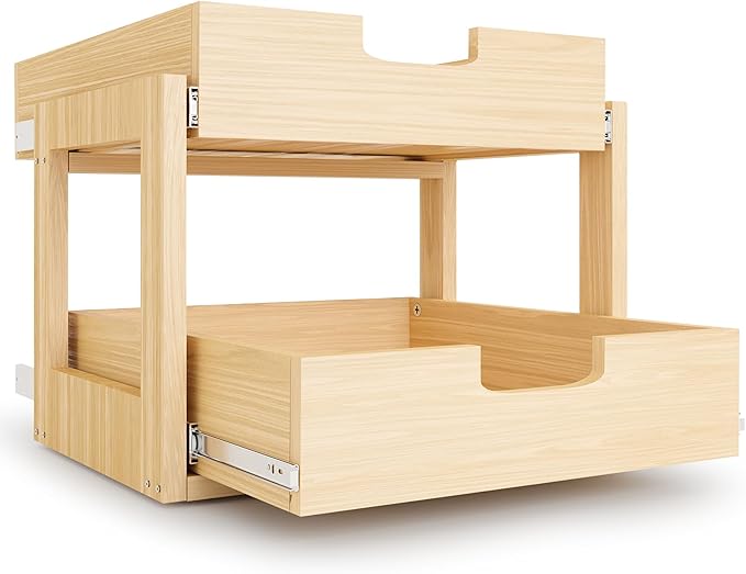 Pull Out Cabinet Organizer, 20''W×21''D×16''H Soft Close Slide Out Wooden Pull out Drawers, Double Tier Slide out Wood Cabinet Organizer, for Base Cabinet Organization in Kitchen, Pantry, Bathroom