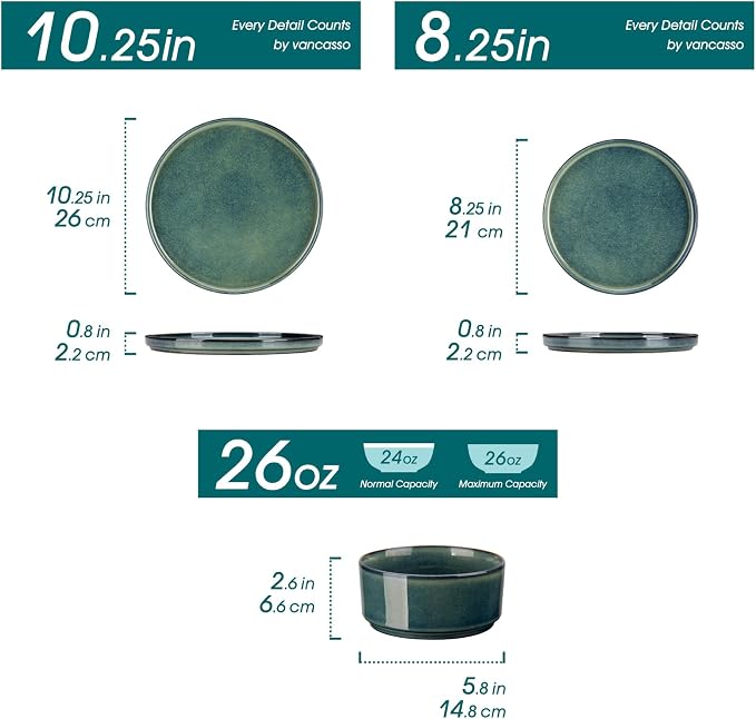 vancasso Starry Plates and Bowls Sets,12 Pieces Green Dinnerware Sets for Kitchen,Modern Stoneware Dishes Set for 4,Dishwasher and Microwave Safe