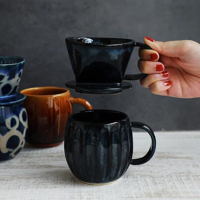 Asayu Japan Ceramic Coffee Pour Over Maker Set in Dark Navy Blue, Slow Brewing Paper Filter Holder and Dripper with 3 Holes for Coffee and Tea - Coffee Dripper Cone