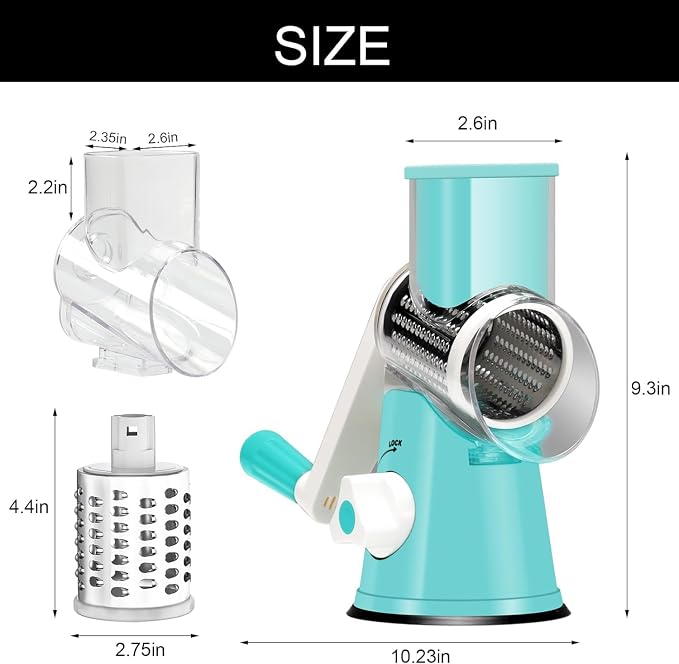 Cambom Rotary Cheese Grater Hand Crank Cheese Shredder for Fresh Cheese, Vegetable, Nuts,Non-slip Suction Base，Three Blades,Blue