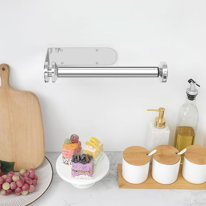 theaoo Paper Towel Holder Under Cabinet, One-Handed Tear Wall Mount Paper Towel Holder Dispenser with Damping Function for Kitchen Organization, Stainless Steel, Self-Adhesive or Drill mounting,Silver