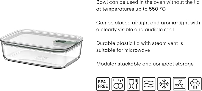 Mepal - Glass Food Container EasyClip - Container with lid & sliding closure - Meal prep boxen - Suitable for microwave, steam oven and oven - Airtight - 2,25 l - Nordic sage
