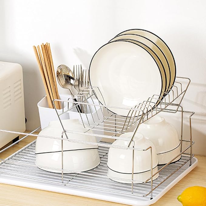 KALLORY 2-Layer Stainless Steel Dish Drying Rack Over Sink, Detachable Kitchen Tableware Drainer and Storage Organizer for Countertop Sink Use