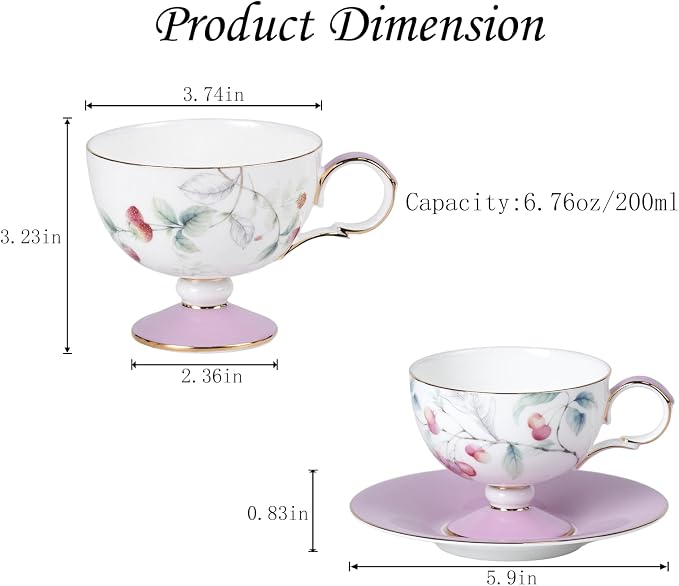 KAMMAK Ceramic Coffee Cups Saucers Set of 2, Porcelain Espresso Cup with Saucer, 6.76 oz Handmade Elegant Bone China Tea Cups, Ceramic Floral Pattern Demitasse Cup for Latte, Americano, Cappuccino