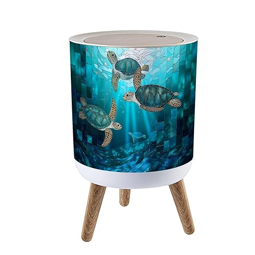 Trash Can with Lid Teal Blue Stained Glass Sea Turtle Underwater Canvas Art Press Top Round Small Garbage Bin with Wooden Legs Waste Basket for Kitchen Bedroom Nursery 7L/1.8 Gallon