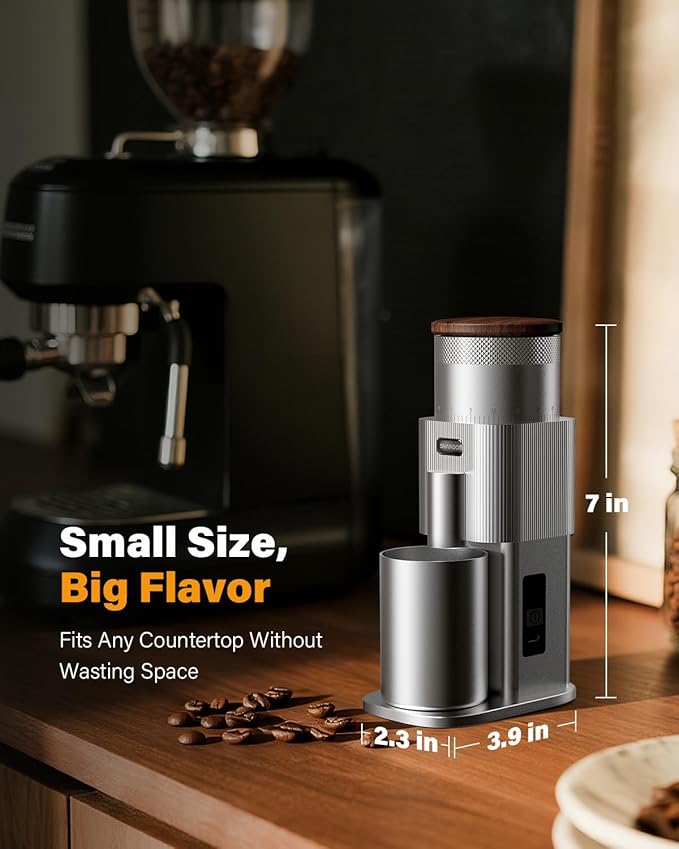SHARDOR All-Metal Single-Dose Coffee Grinder – Quiet DC Motor, Home-use Espresso Grinder, Burr Coffee Grinder, with 80 Settings and an LED Power Display，Silver