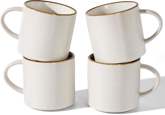 famiware Coffee Mugs Set of 4 Nebula 14oz Coffee Mugs, Ceramic Cup Set with Handle for Latte, Tea, Milk, Cappuccino, Cocoa, Matte Beige White with Brown Rim