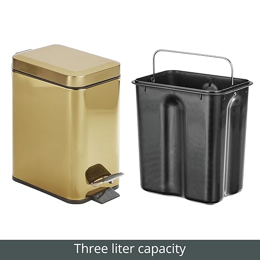 mDesign Slim Metal Rectangle 0.8 Gallon Trash Can with Step Pedal, Easy-Close Lid, Removable Liner - Narrow Wastebasket Garbage Container Bin for Bathroom, Bedroom, Kitchen, Office - Soft Brass