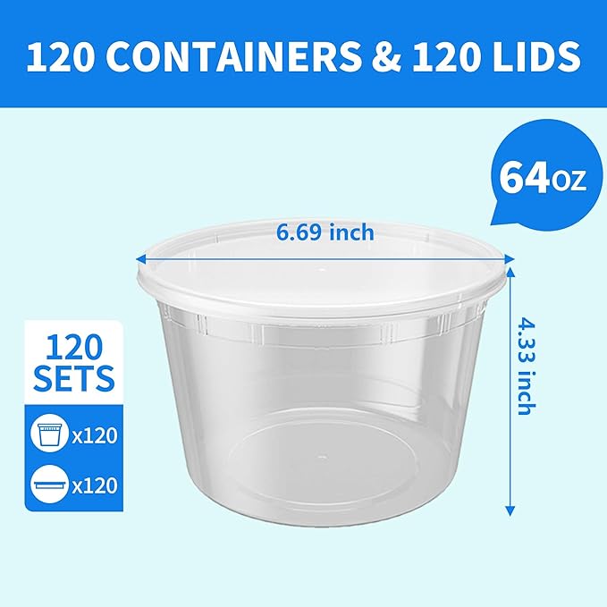 120 Sets 64oz Deli Food Storage Containers, Plastic Takeout Deli Cups for Meal Prep Leftover, Reusable Round Soup Containers with Lids, BPA Free, Stackable, Leakproof, Microwave and Freezer Safe