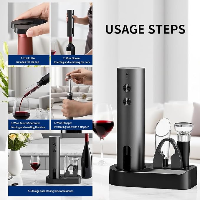 Electric Wine Opener Set Rechargeable with Base, 5-in-1 Wine Bottle Opener Electric Kit Includes Wine Aerator, Foil Cutter & Vacuum Stopper, Automatic Wine Opener for Home, Camping & Gifts