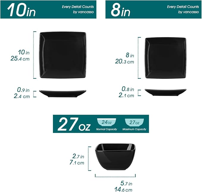 vancasso Soho Dinnerware Sets 12 Pieces, Black Stoneware Square Place Setting, Plates and Bowls Sets, Dinner Plate, Dishes Set for 4