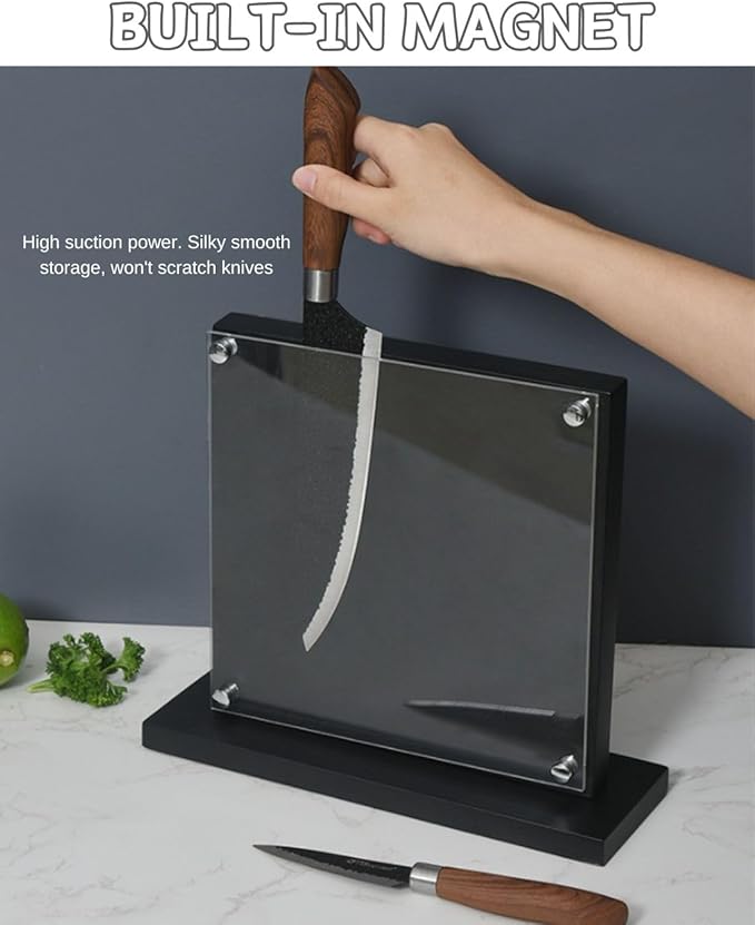 Magnetic Knife Block with Acrylic Shield,Double Sided Magnetic Knife Holder, Pine Wood Kitchen Knife Stand for Kitchen Counter(Without Knives ）