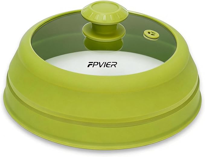 Microwave Splatter Cover - 9.8" Glass Lid with Collapsible Silicone Rim, Universal Pot & Plate Cover for Mess-Free Heating (Green, 9.8inch)