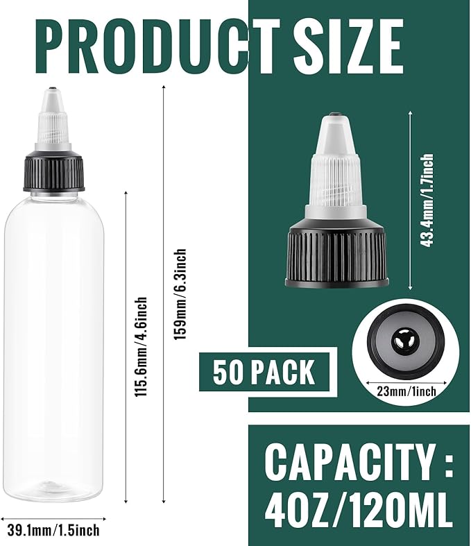 Irenare 50 Pcs 4 oz Plastic Squeeze Bottles Bulk Hair Oil Applicator Bottles Boston Empty Squeeze Condiment Bottle with Twist Top Cap Leak Proof for Liquids Oils Art Crafts Household Kitchen (Clear)