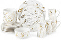 White and Gold Dinnerware Set for 4, 16-Piece Porcelain Plates and Bowls Set with Gold Trim, Modern Ceramic Dish Set for Home Dining and Gifts