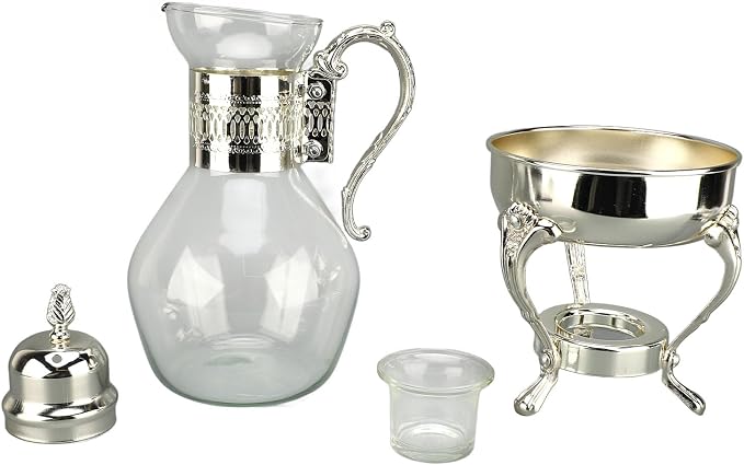 Glass Tea Pot with Warmer, 50 oz Vintage Espresso Kettle Heated Glass Coffee Pot with Handle, Heat Resistant Turkish Coffee Pitcher Teapot for Home Office Cafe Use (Silver)
