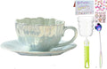 Pearl floral Ceramic Coffee Mug with Coaster Set for Tea Latte Milk Cute Cup with Saucer for Home Office Women Gift 6.5 oz (petal blue, 240 ml)