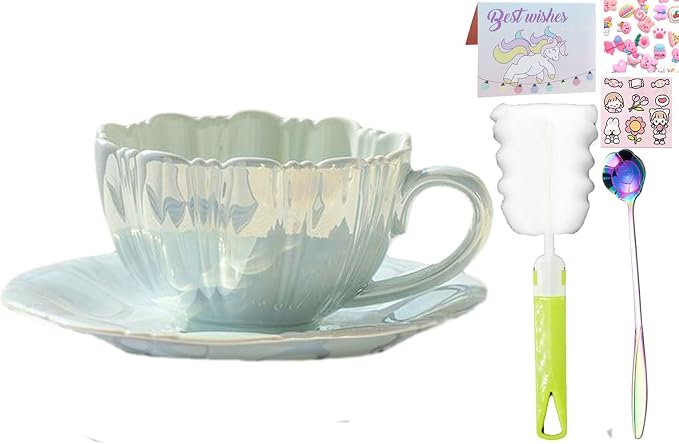 Pearl floral Ceramic Coffee Mug with Coaster Set for Tea Latte Milk Cute Cup with Saucer for Home Office Women Gift 6.5 oz (petal blue, 240 ml)