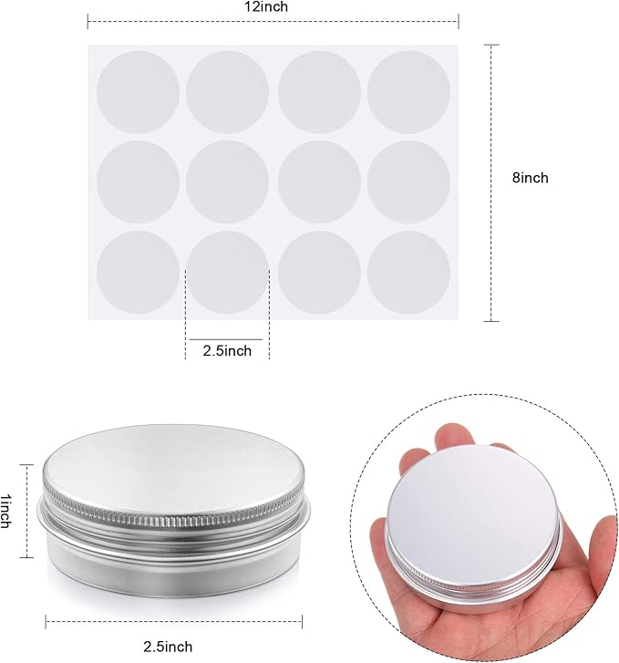 Patelai 2 oz Silver Metal Round Tins Aluminum Tin Cans Salve Tins Containers with Screw Lid 10 Sheets Stickers for Salve Spice Candies Balms Candles, 36 Pack (Classic Style)