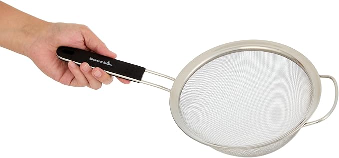 Restaurantware Fine Mesh Strainer 1 Count 15" x 7.8" x 3" with Silicone Handle Stainless Steel Extra Fine Mesh Strainer Heat-Resistant Handle Dishwasher-Safe for Rice, Quinoa, Pasta