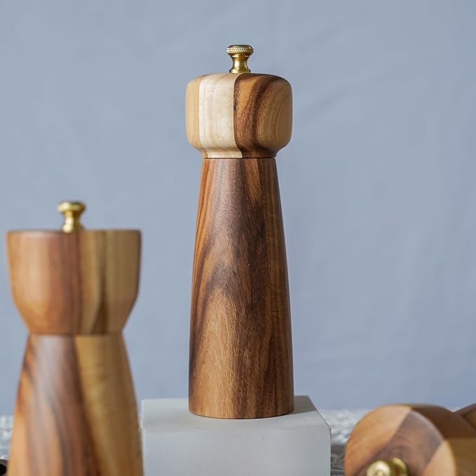 Salt Mill, Salt or Pepper Grinder with Adjustable Ceramic Grinding Core, Spice mill for Pepper and Salt, Acacia Wood, 8 inch/20.5 cm Height, Bottom DIA: 2.36 inch/6 cm(Tray is NOT Included)