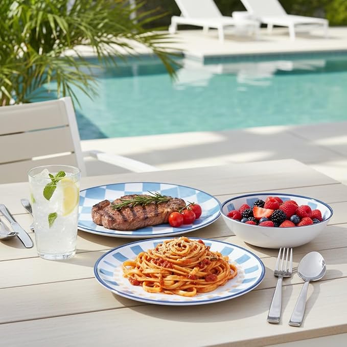 Webbylee Gingham Crab Pattern Melamine Dinnerware Sets 12 Pcs, Unbreakable Plates and Bowls Sets, Ocean Dinner Plates, Dishwasher Safe, Picnic, Camping,Gift,Blue Dish Set