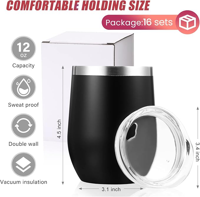 Remagr 16 Pack Stainless Steel Wine Tumblers 12 oz Insulated Vacuum Wine Cup Set Double Wall Stainless Steel Stemless Mug Glasses for Coffee Soda Whiskey Outdoor Travel (Black)