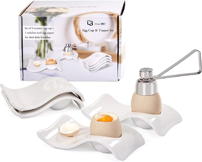Ceramic Egg Cup, Egg Cups for Soft Boiled Eggs, Soft Boiled Egg Holder 4 + 1 Egg Topper Cutter Boiled Egg Cups Set