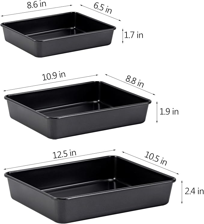 Nonstick Roasting Pan, Deep Baking Pan Set, Large Cake Pan Sets for Oven, 3-Piece Brownie Pan （Black）