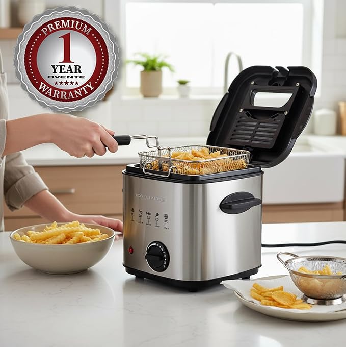 OVENTE Electric Deep Fryer, 1.5L Capacity, 800W with Adjustable Temperature, Viewing Window Lid, Removable Frying Basket & Cool-Touch Handles, Stainless Steel Countertop Fryer, Silver FDM1501BR