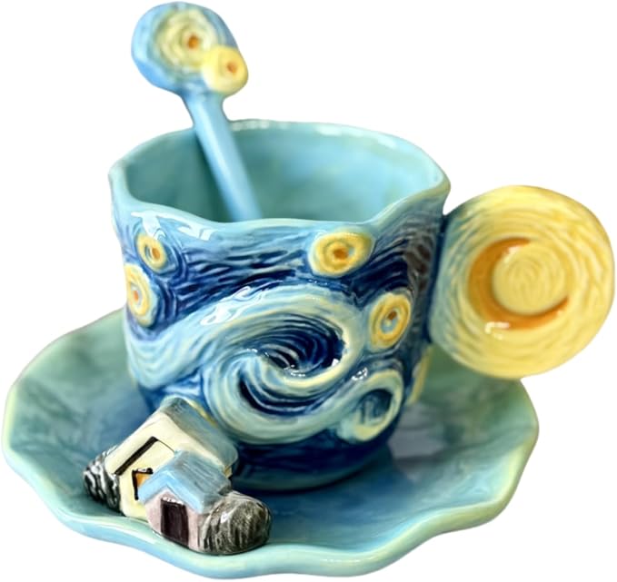 Ceramic Starry Sky Coffee Mug and Saucer set with Spoon,3D Handmade and Hand-painted Tea Mug, 6OZ