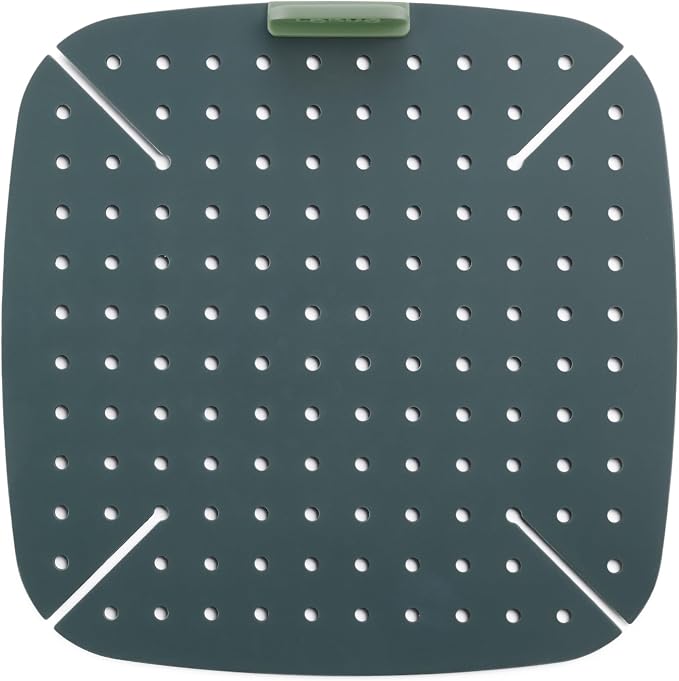 Lékué Air Fryer Liner Mat - Gray - 100% Platinum Silicone Reusable Flat Perforated Baking Tray for Air Frying, Fits in Draw, Flexible Corners, Pull-up Handle for Easy Removal