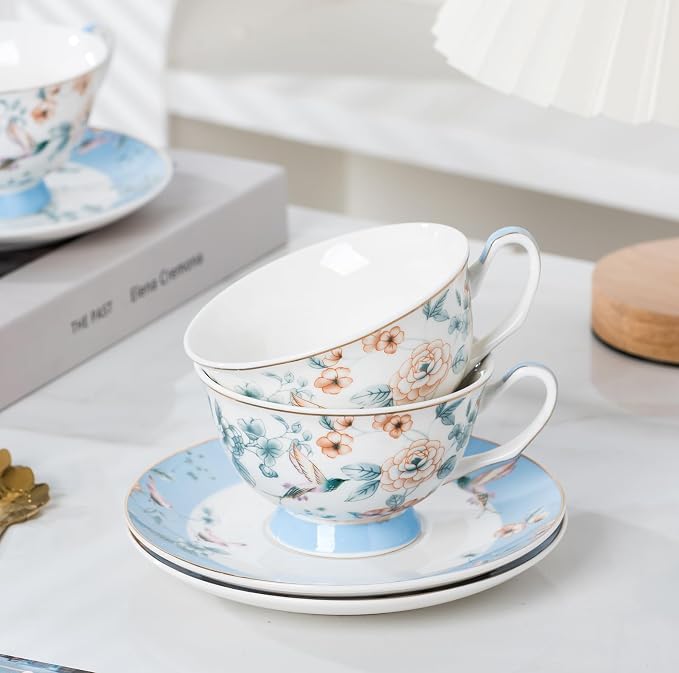 Jusalpha Porcelain Tea Cup and Saucer Set with Golden Spoon, Blue Floral Pattern, 12 Piece, 7 Oz, Modern Style, Hand Wash