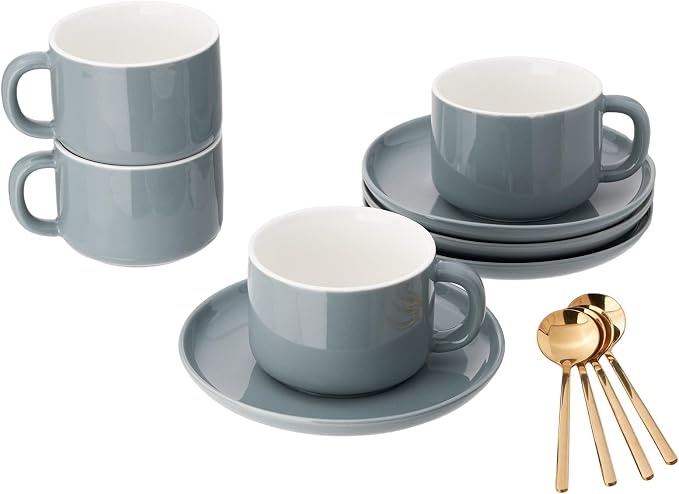 8oz Cappuccino Cups Set of 4, Tea Cups with Saucers and Spoons, Gray Ceramic Tea Cups Set Coffee Mugs for Tea Cappuccino Espresso Latte Mocha Au Lait Macchiato Cafe