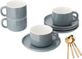 8oz Cappuccino Cups Set of 4, Tea Cups with Saucers and Spoons, Gray Ceramic Tea Cups Set Coffee Mugs for Tea Cappuccino Espresso Latte Mocha Au Lait Macchiato Cafe