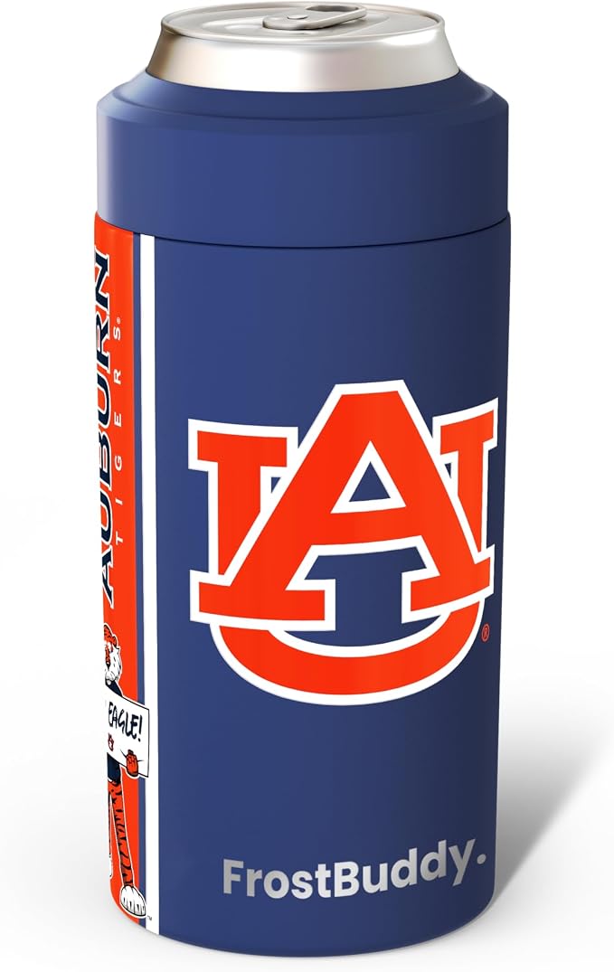 Frost Buddy NCAA Universal Buddy - Fits all - Stainless Steel Can Cooler for 12 oz & 16 oz Regular or Slim Cans & Bottles - Stainless Steel (Auburn War)