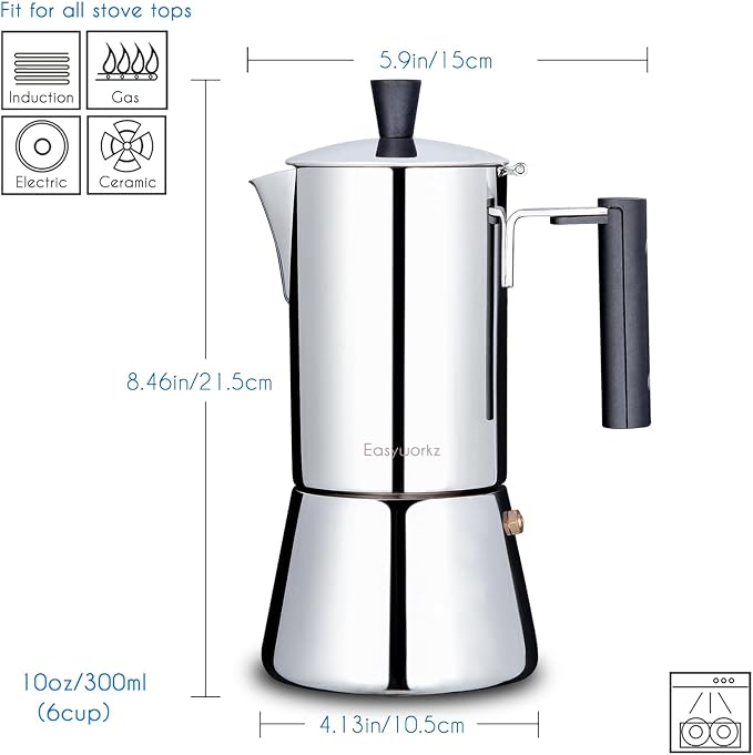 Easyworkz Pedro Stovetop Espresso Maker 6Cup 300ml Stainless Steel Italian Coffee Machine Maker Moka Pot Induction Espresso Pot