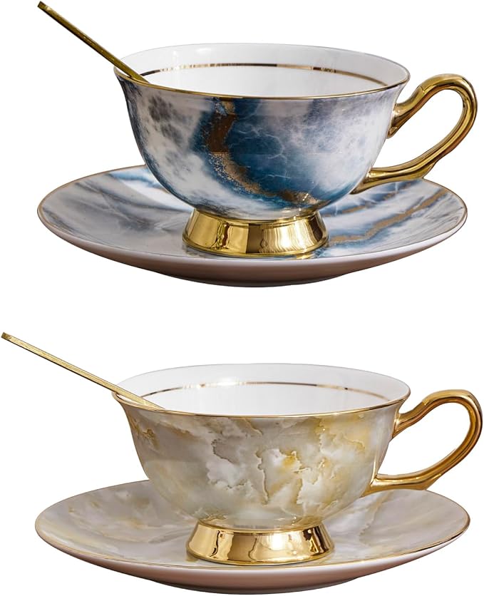7oz Bone China Coffee Cup Saucer Spoon Set of 2 Iridescent Electro-optic Texture with Gold Rim Elegant Porcelain Tea Coffee Mug Set for Latte Cappuccino Gift for Women Home Wedding