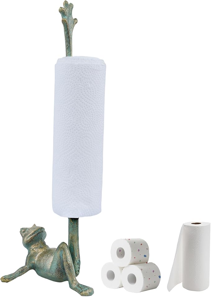 16.5" Golden-Green Frog Paper Towel Holder for Bathroom & Kitchen - Whimsical Cast Iron Free Standing Paper Roll Holder, Decorative Toilet Paper Stand with Weighted Base