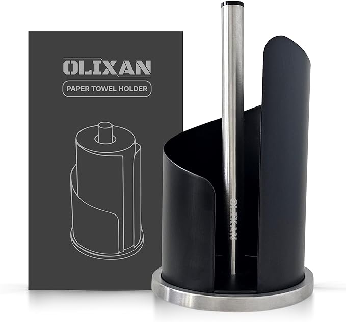Stainless Steel Paper Towel Holder Countertop, Modern Spiral Cover Design,Keep Paper Towel Clean,Weighted Base for Stability, Freestanding Easy One-Handed Operation for Kitchen Bathroom (Black)