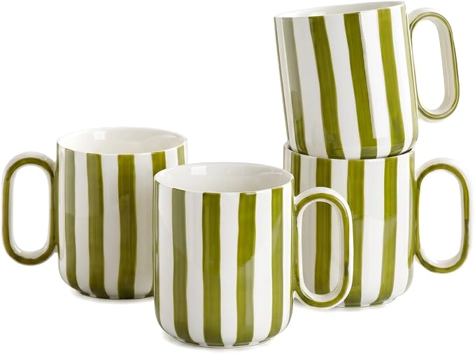 Ceramic Coffee Mugs Set of 4, 15 oz Stoneware Coffee Cups with Handle, Aesthetic Green Stripe Latte Tea Mug for Latte Tea Hot Chocolate, Microwave and Dishwasher Safe (15 oz)