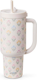 Ello Oasis 40oz Tumbler with Handle & Retracting Straw | Reusable Insulated Stainless Steel Cup 100% Leakproof | Gifts for Teens Women | Keeps Cold for 24 Hours | Cup Holder Friendly | Flower Quilt