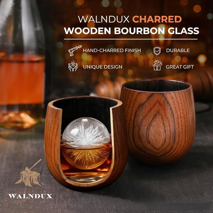 Upgraded Charred Whiskey Glasses Sets, Bourbon Drinking Glass, Bourbon Gifts for Men, Finished Wooden Old Fashioned Glass, Great Whiskey Gifts for Men, Dad, Or Brother (2 Pack)