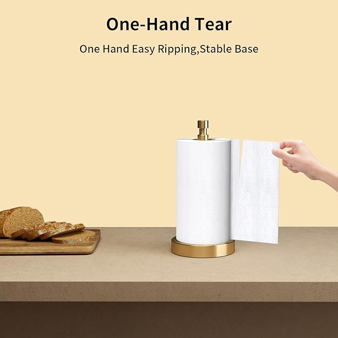 YUMORE Paper Towel Holder Countertop, Paper Towel Holder with Weighted Base Non Slip, Standing Paper Towel Roll Holder for Kitchen Bathroom, Stainles Steel (Gold)