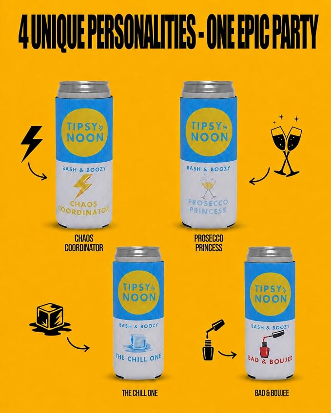 Funky Junque Bachelorette Party Favors Slim Can Cooler, Funny Bridesmaid & Bride Gifts for Girls Trip, Bridal Shower Decorations & Accessories, 12 oz Skinny Can Covers - Tipsy by Noon - 4 Pack
