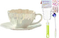 Pearl Shell Ceramic Coffee Mug with Shell Coaster Set for Tea Latte Milk Cute Cup with Saucer for Home Office Women Gift 6.5 oz (petal beige, 240 ml)